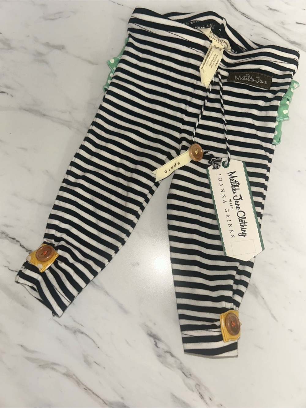 Matilda Jane Black and White Striped Footie with Yellow Button Accents